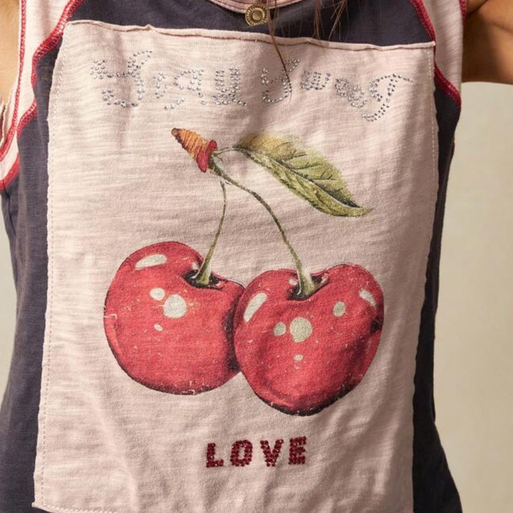 Chic Cherry Print Sleeveless Tank Muscle Tee, large, gray, pink, red NEW trendy - Picture 6 of 13